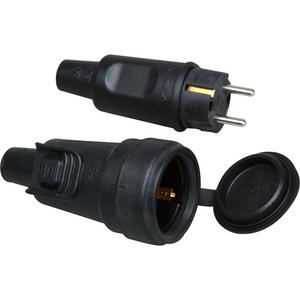 Schutzkontakt-Steckvorrichtung komplett - Stecker und Kupplung, Vollgummisteckverbindungs-Set mit Steckerverriegelung, bruchfest, schlagfest, für Kabelquerschnitt bis 3x2,5mm², Farbe: schwarz - 190716017
