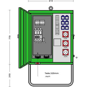 Baustromverteiler - V 63N/A/621-2, Verteilerschrank 44 kVA mit RCD Typ B und RCD Typ A, 3 CEE-Abgänge 16-32A und 6 Schutzkontakt-Steckdosen - 183213