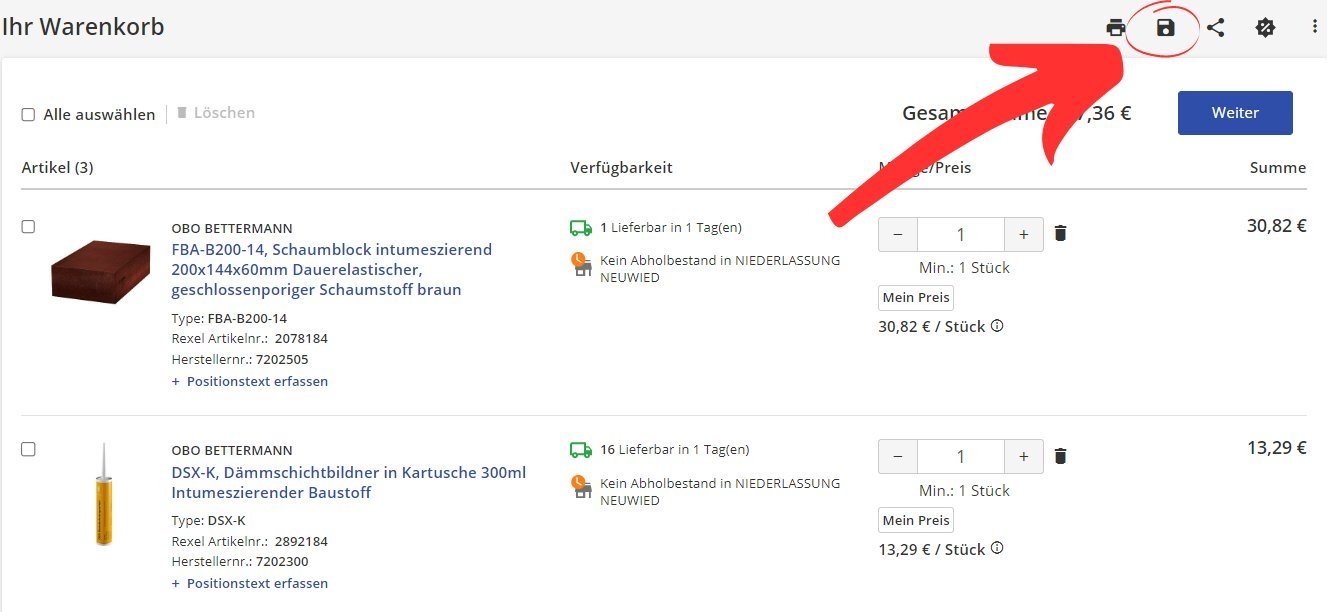 Rexel Germany FAQ - Warenkorb speichern