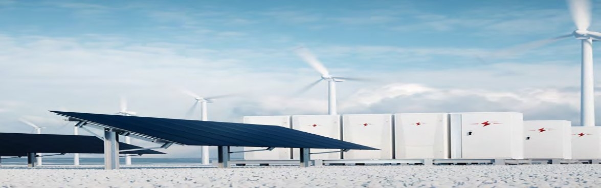 Zonnepanelen, windmolens en batterij opslag systemen