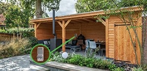 Tuinhuis met Merten Aquastar schakelmateriaal voor buiten