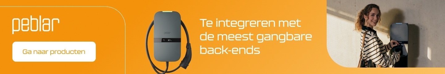 Peblar laadstation met witte tekst te integreren met de meest gangbare back-ends op oranje achtergrond