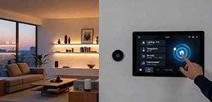 Een tablet met automatiseringen aan de muur in een smart home