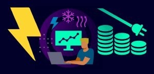 Seimens energiemanagement animatie met persoon achter laptop en bliksem met stekker en geld