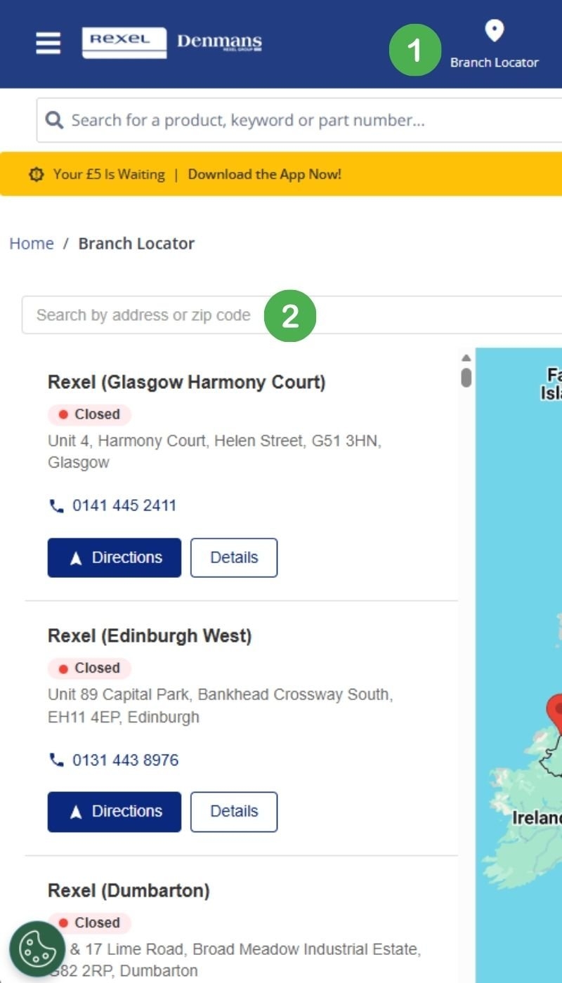 Branch Locator tab in the top right of the menu bar, numbered 1