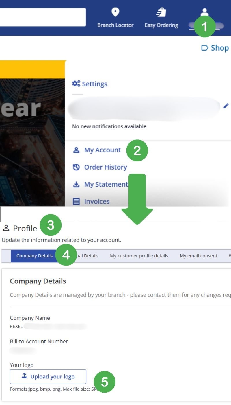 My Profile, Company Details tab, showing the Your logo section with edit and delete icons numbered 1 to 5