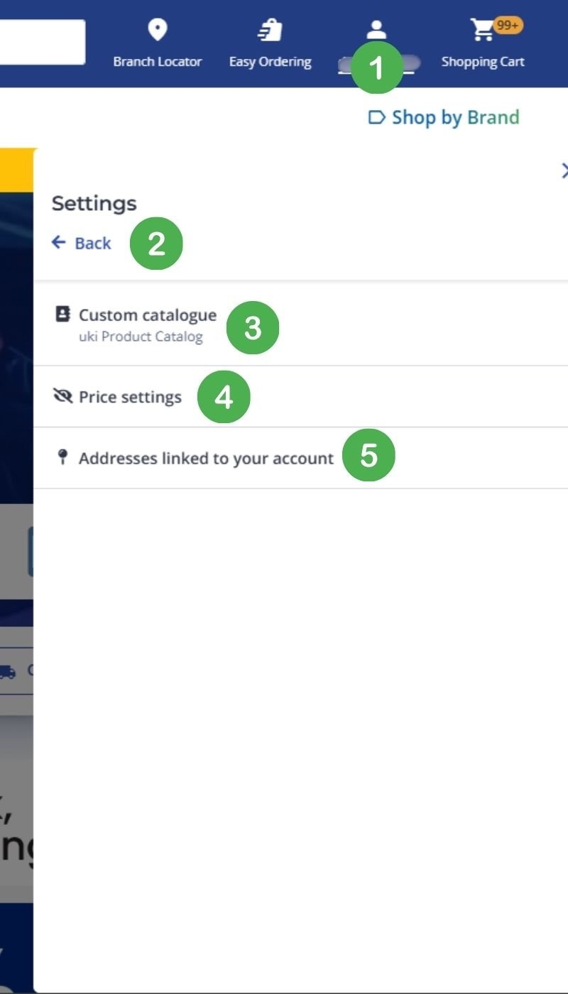 My Account menu showing Settings, with custom catalogue, price visibility and addresses numbered 1 to 5