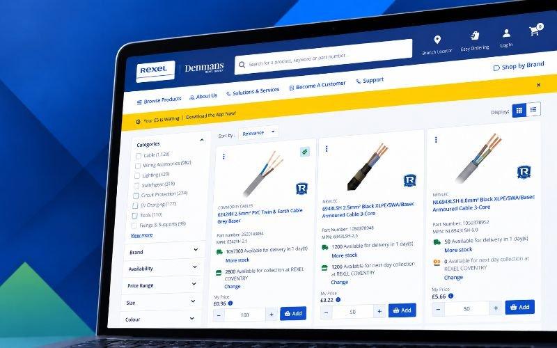 Webshop search results with filters, prices and stock