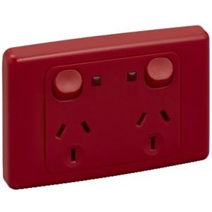 POWER OUTLET SWITCHED HORIZONTAL 2000 SERIES DOUBLE GPO 10A 250V NEON SHUTTERED RED