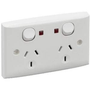 POWER OUTLET SWITCHED HORIZONTAL 2000 SERIES DOUBLE GPO 10A 250V NEON SHUTTERED WHITE ELEC