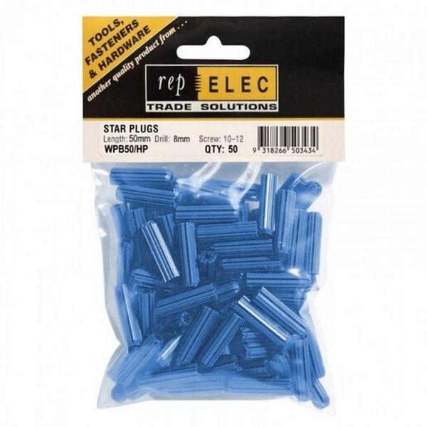WALL PLUG BLUE 8MM X 50MM (PKT 50), Ideal Electrical Catalogue Hardware Anchor All Purpose Plug - Construction Supplies Australia