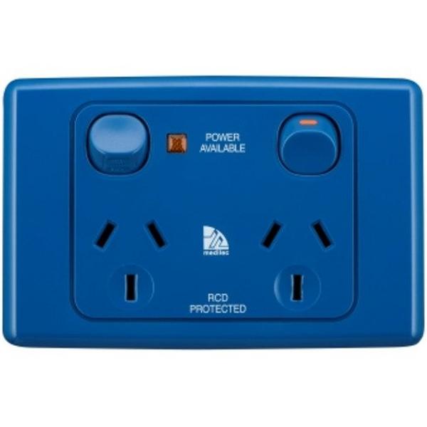 Power Point 10A Double Medilec Horizontal Blue Neon, Ideal Electrical Catalogue Switches Plugs Sockets Outlets Gpo - Construction Supplies Australia