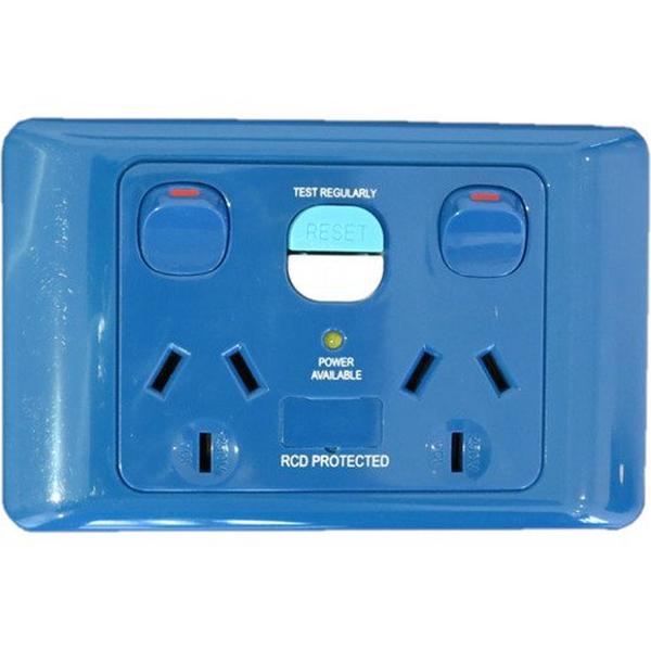 Power Point 10A Double Horizontal Blue RCD 10mA, Ideal Electrical Catalogue Switches Plugs Sockets Outlets Gpo - Construction Supplies Australia