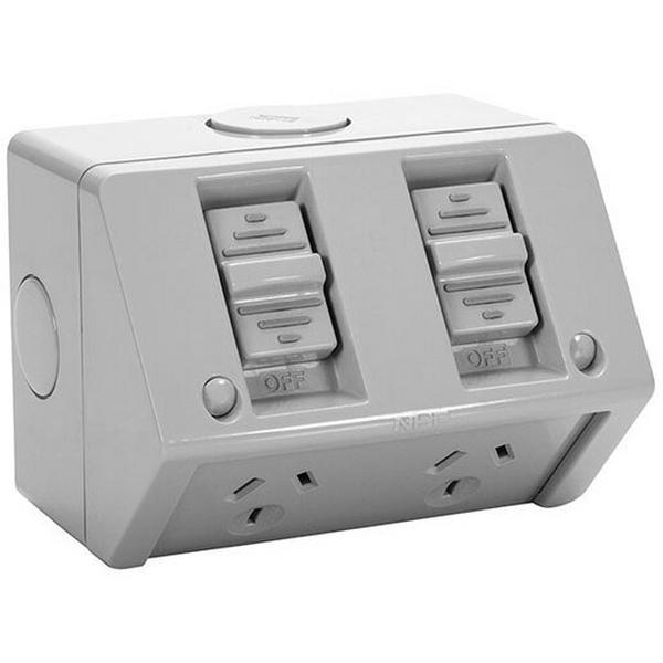 Power Point 10A Double Surface Mount Horizontal Grey Outdoor IP53, Ideal Electrical Catalogue Switches Plugs Sockets Outlets Gpo - Construction Supplies Australia