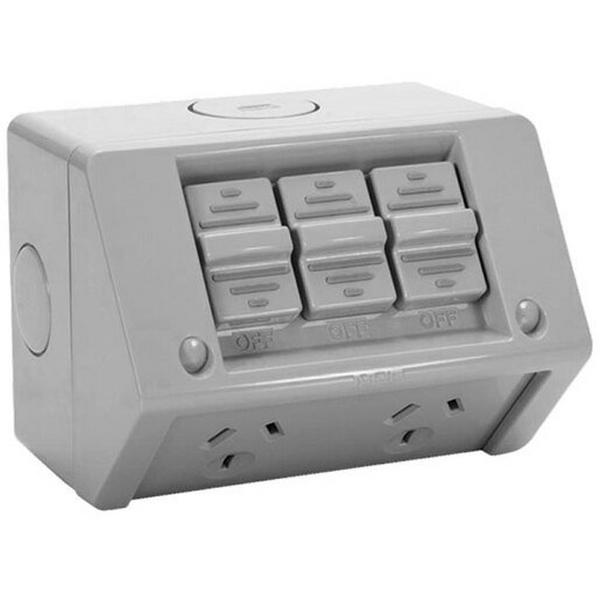 Power Point 10A Double Surface Mount Horizontal Grey Outdoor IP53 Extra Switch, Ideal Electrical Catalogue Switches Plugs Sockets Outlets Gpo - Construction Supplies Australia