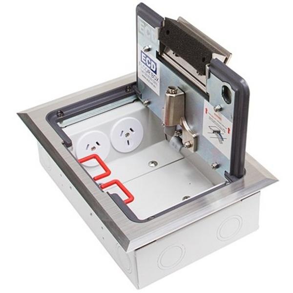 FLOOR BOX (PROTECTOR SERIES) S/STEEL FLUSH LID (SHALLOW) C/W 2X AUTO GPO AND 3X DATA MOU, Ideal Electrical Catalogue Cable Management Floor System Service Box For Subfloor Installation - Construction Supplies Australia