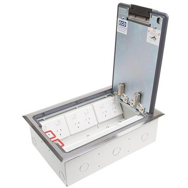 Floor Box (Protector Series) Stainless Steel Flush Lid. Suits 6 X Std. Size Plates, Ideal Electrical Catalogue Cable Management Floor System Service Box For Subfloor Installation - Construction Supplies Australia