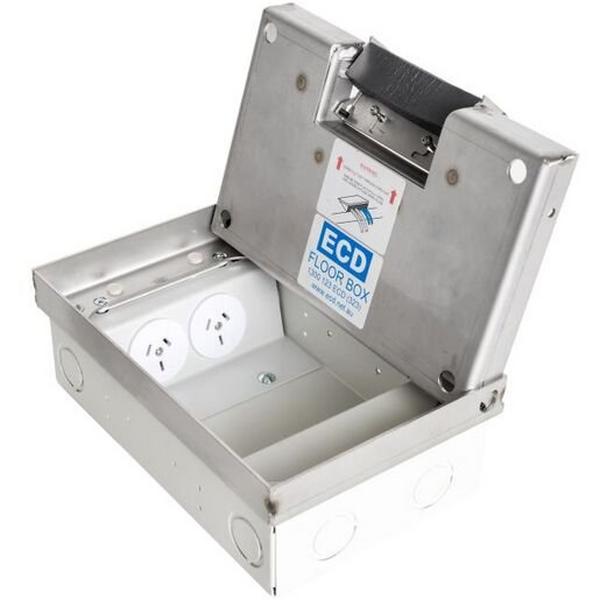 Floor Box (Shallow) Stainless Steel 23mm Deep Recessed Lid With 2X Auto GPO And 3X Data Mo, Ideal Electrical Catalogue Cable Management Floor System Service Box For Subfloor Installation - Construction Supplies Australia