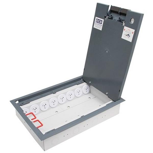 Floor Box (Commander Series) Plastic Lid (Shallow) With 8X Auto GPO's And 8X Data Mounts, Ideal Electrical Catalogue Cable Management Floor System Service Box For Subfloor Installation - Construction Supplies Australia