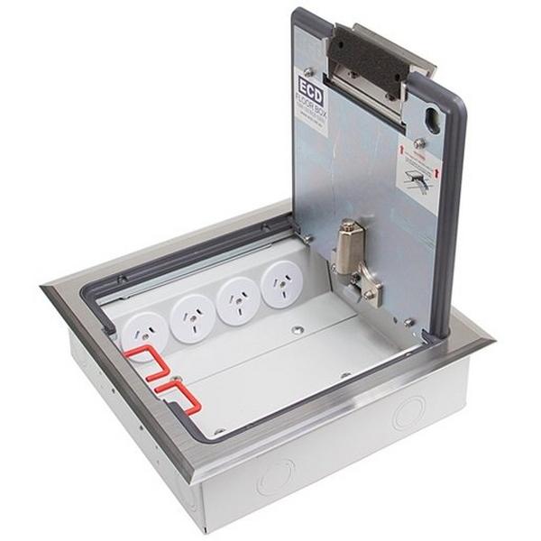 Floor Box (Protector Series) S/Steel Recessed Lid (Shallow) With 4X Auto GPO And 6X Data M, Ideal Electrical Catalogue Cable Management Floor System Service Box For Subfloor Installation - Construction Supplies Australia