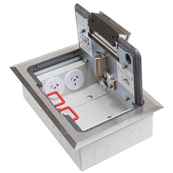 FLOOR BOX (PROTECTOR SERIES) S/STEEL RECESSED LID (SHALLOW) C/W 2X AUTO GPO AND 3X DATA, Ideal Electrical Catalogue Cable Management Floor System Service Box For Subfloor Installation - Construction Supplies Australia