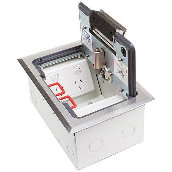 Floor Box (Protector Series) Stainless Steel Flush Lid. Suits 2X Std. Size Plates, Ideal Electrical Catalogue Cable Management Floor System Service Box For Subfloor Installation - Construction Supplies Australia