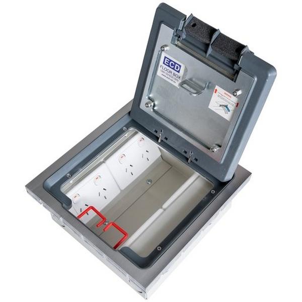 Floor Box S/Steel Heavy Duty 8mm Stainless Steel Square Edged Lid Suits 4X Standard Plates, Ideal Electrical Catalogue Cable Management Floor System Service Box For Subfloor Installation - Construction Supplies Australia