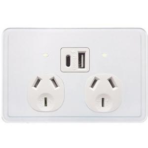 POWER POINT GLS AUTSW 2G 10A 250V USBCHGR DUAL A AND C 5V3.4A WH
