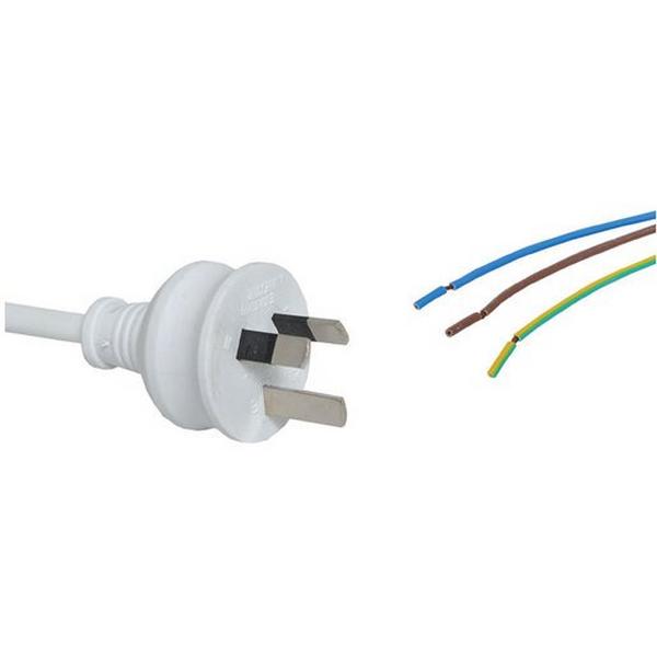 PLUG + CORD 2M 3 PIN 7.5A TO BARE ENDS LEAD WHITE, Ideal Electrical Catalogue Electrical Appliances Power Leads Power Cord - Construction Supplies Australia