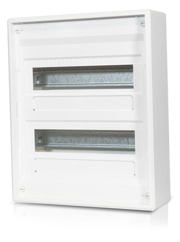 NAPKV24.01, Aufputzverteiler, 2-reihig, 24+4 Module, 1x FI-Zusatzklemme, 1x PE-N-Steckklemme