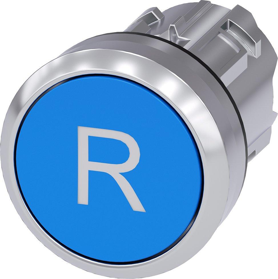 3SU1050-0AB50-0AR0, Drucktaster, 22mm, rund, Metall, hochglanz, blau, Beschriftung: R, Druckknopf