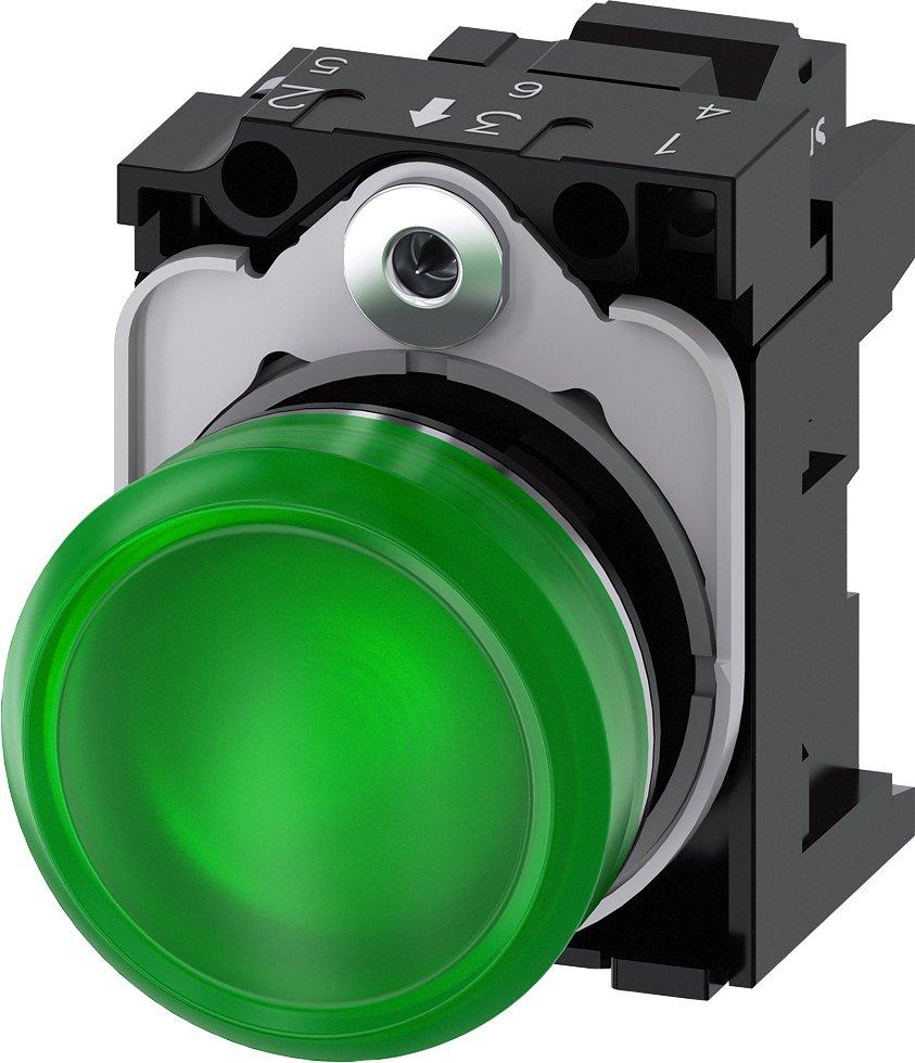 3SU1152-6AA40-3AA0, Leuchtmelder, 22mm, rund, Metall, hochglanz, grün, Linse, glatt, AC/DC 24V