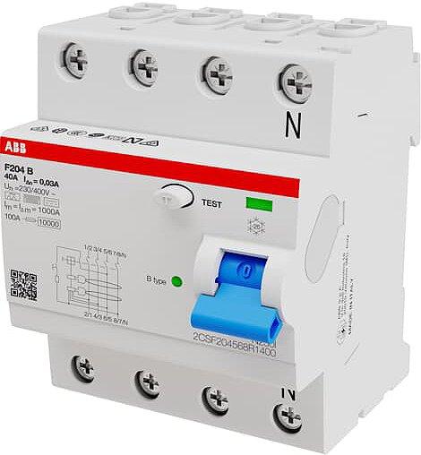 F204 B-40/0.03, FI-Schalter Typ B 4P, 40A, 30mA, 3kA, 4TE, allstromsensitiv, kurzzeitverzögert