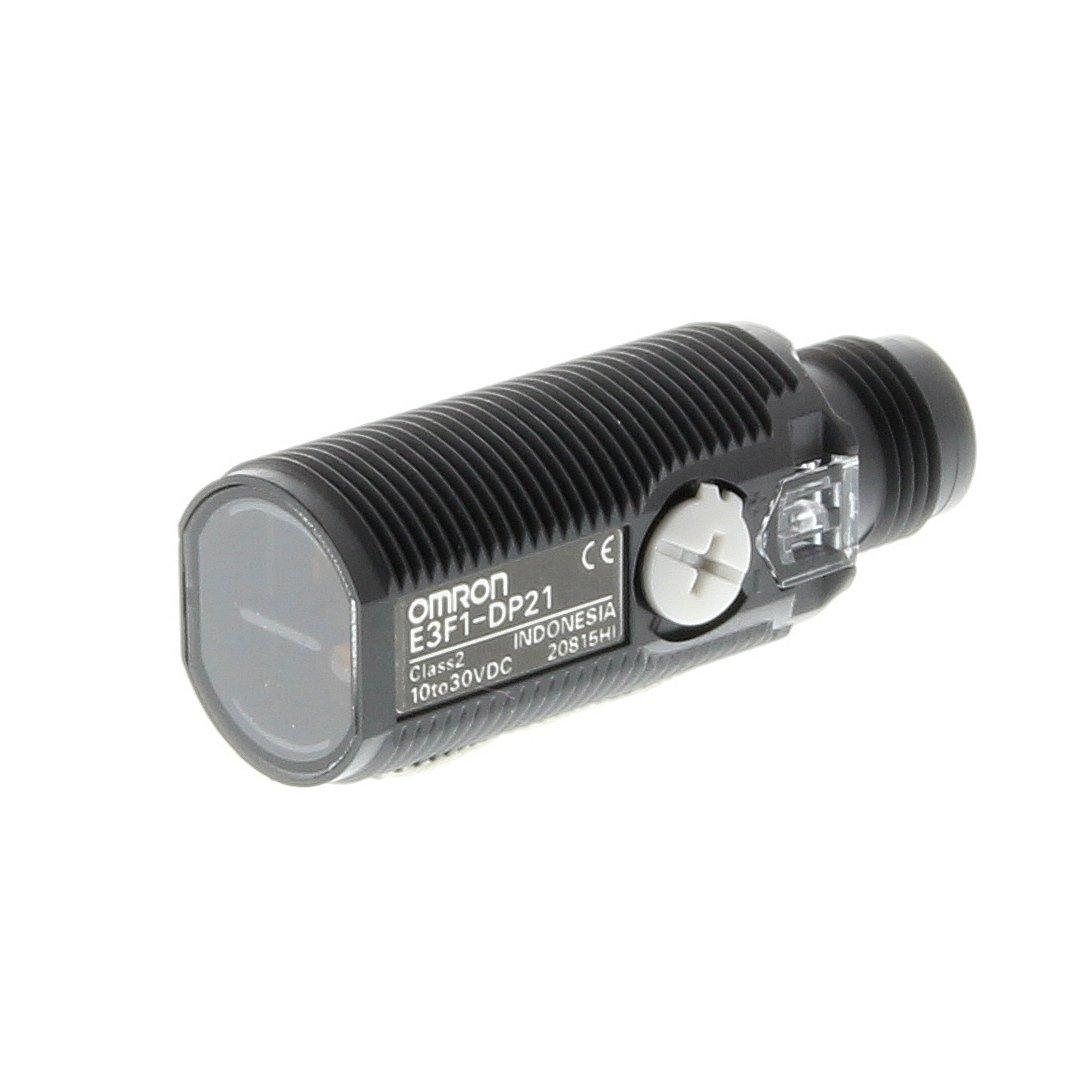 E3F1-DN22, Fotoelektrischer Sensor, M18, axial, Kunststoffgehäuse, rote LED, diffus, 300 mm, NPN, L-EIN/D-EIN-wählbar, M12-Steckverbinder