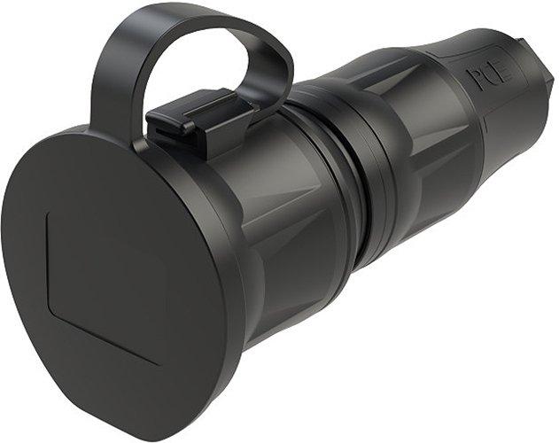 NSKKIP54PA6SWQUICK.01, Schutzkontaktkupplung Typ F, PA6 gummiert, 3 x 2,5mm², Schnellverschluss, IP54, Deckel mit Deckelband, PA6 2K, schwarz