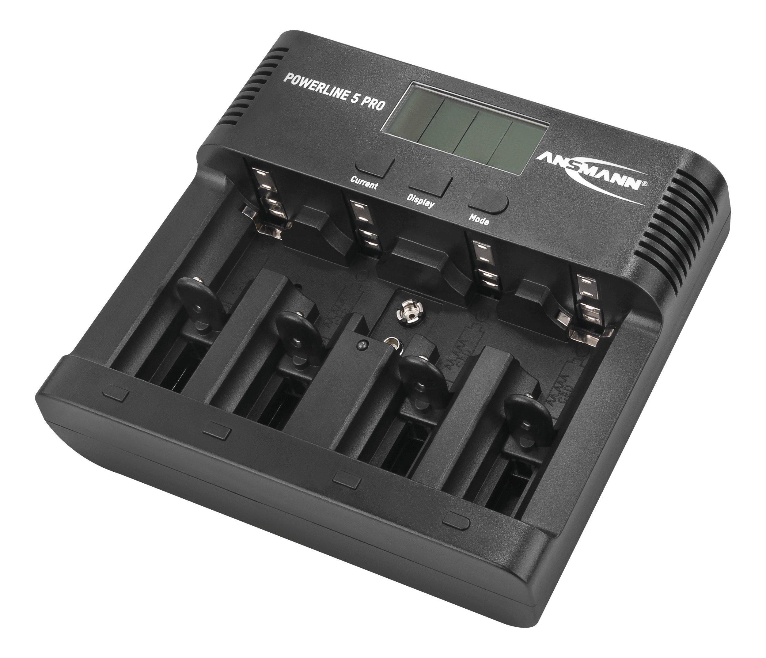 Powerline 5 Pro, Ladegerät mit multifunktionaler und beleuchteter LCD-Anzeige für 1-4 NiMH Akkus (Micro AAA / Mignon AA / Baby C / Mono D) sowie einen 9V NiMH E-Block