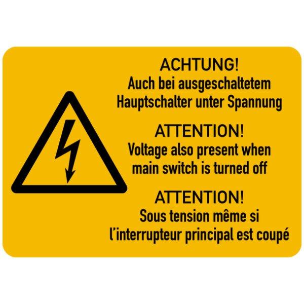 7540/62, Achtung! Auch bei ausgeschaltetem Hauptschalter unter Spannung 74 x 105 mm (3sprachig)