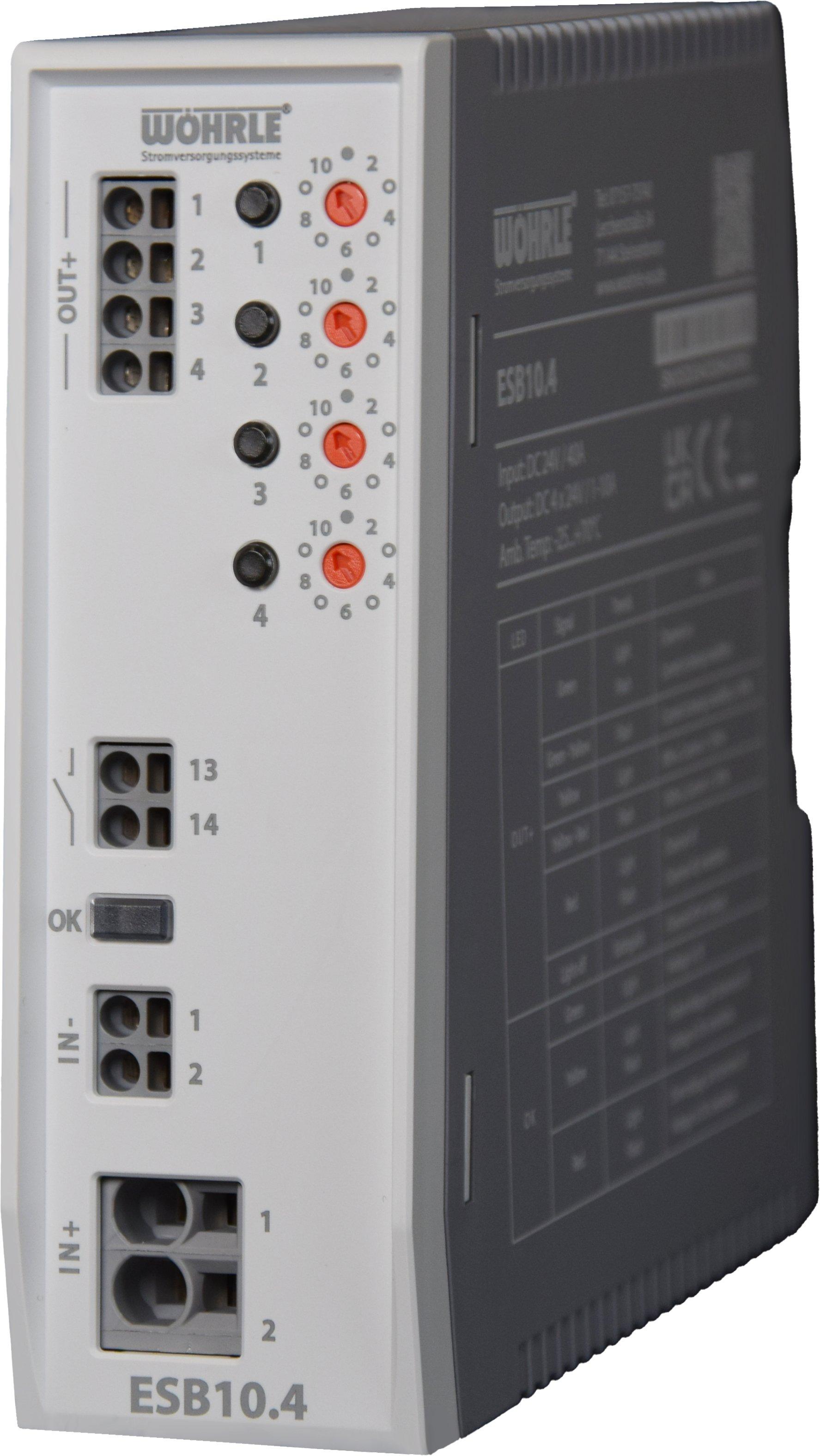 ESB10.4, DC-Stromversorgung, Elektrischer Strombegrenzer  4-kanalig, 10 Ampere, Digitaler DrehstufenschalterEinstellbare Werte: (1, 2, 4, 6, 8, 10 A)