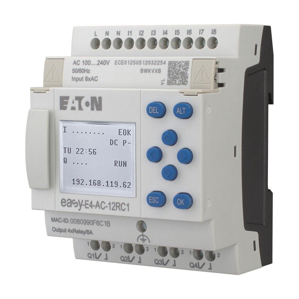 EASY-E4-AC-12RC1, Steuerrelais easyE4 mit Display (erweiterbar, Ethernet), 100 - 240 V AC, 110 - 220 V DC (cULus: 100 - 110 V DC), Digitaleingänge: 8, Schraubklemme