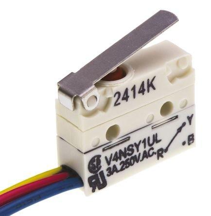 V4NSY1UL, Saia-Burgess Mikroschalter Kurzer Hebel-Betätiger verdrahtet, 3 A @ 250 V AC, 1-poliger Umschalter IP 67 0,9 N -40°C -