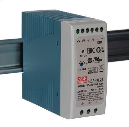 DRA-60-24, MEAN WELL DRA DIN-Schienen Netzteil Getaktet 24V dc / 2.5A 60W 90 ? 264 V ac / 120 ?370V dc