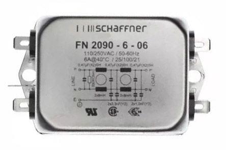 FN2090-6-06, Schaffner FN2090 EMV-Filter, 250 V AC/DC, 6A, Gehäusemontage 7.1W, Flachstecker, 1-phasig 0,67 mA / 0 ? 400Hz