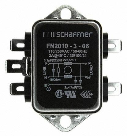 FN2010-3-06, Schaffner FN2010 EMV-Filter, 250 V AC/DC, 3A, Gehäusemontage 1.1W, Flachstecker, 1-phasig 0,74 mA / 0 ? 400Hz