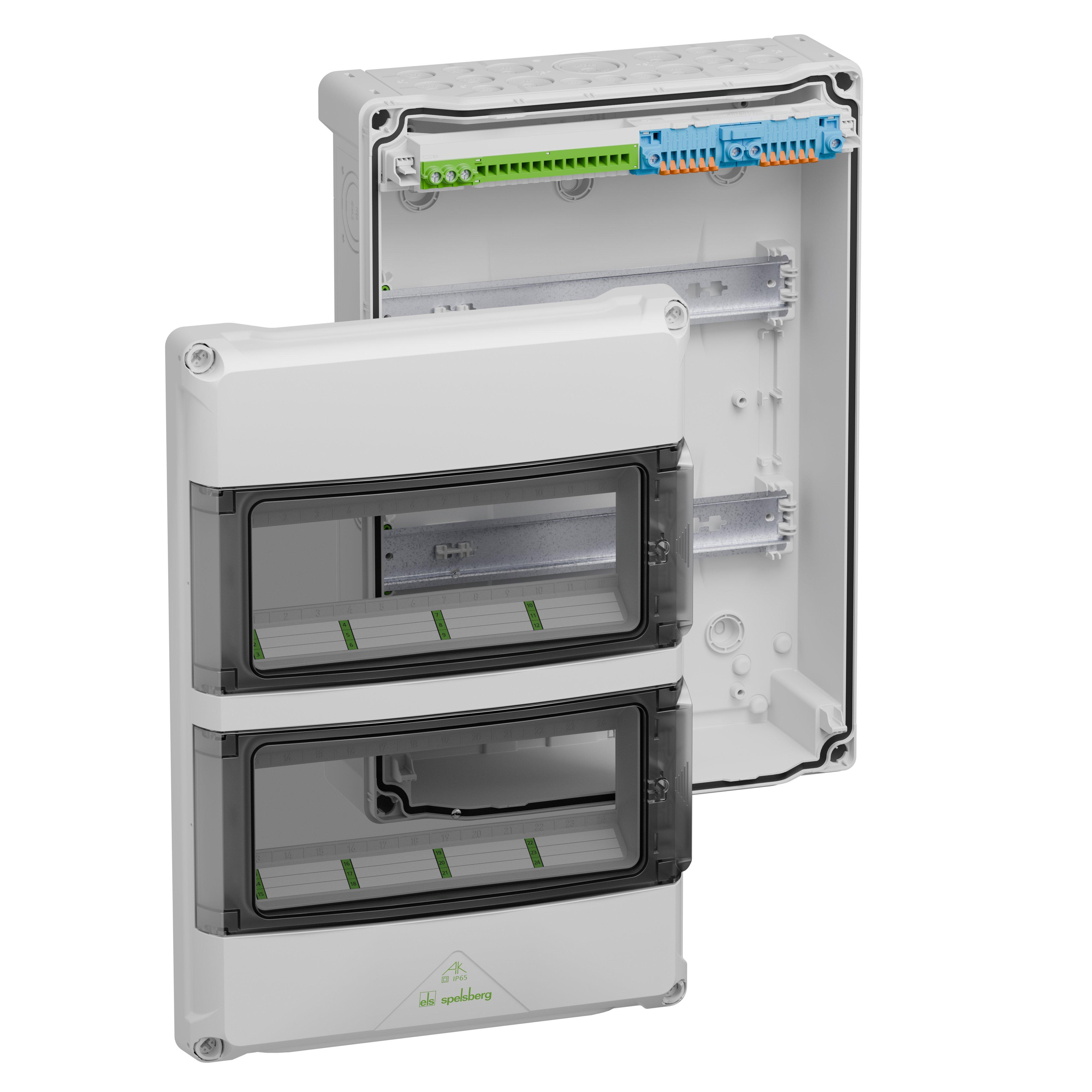 AK 24, Kleinverteiler, grau, Schlagfestigkeit IK08, Schutzart IP65,  24 Teilungseinheiten, Schutzklasse II, Bemessungsspannung 400V AC, halogenfrei