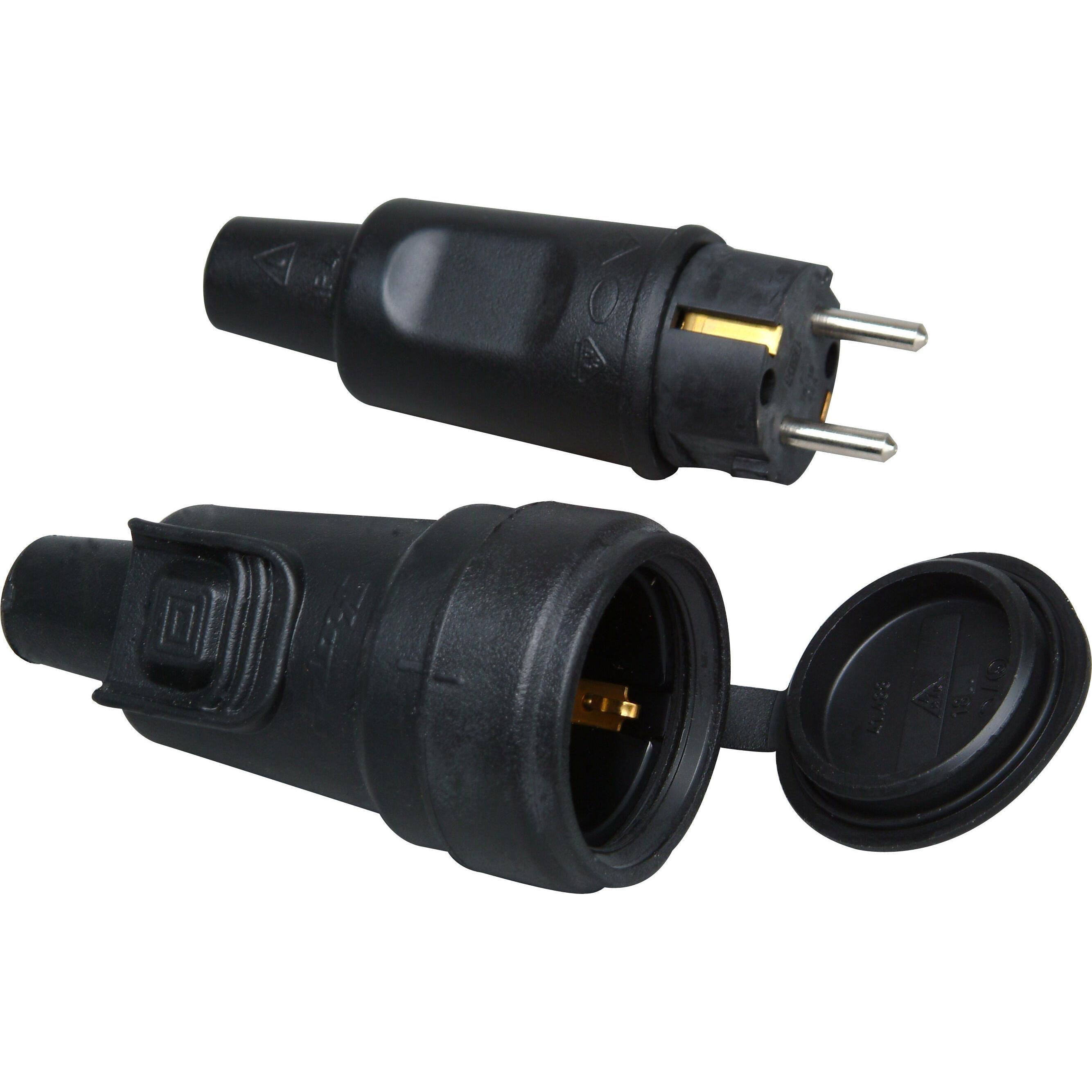 Stecker und Kupplung, Vollgummisteckverbindungs-Set mit Steckerverriegelung, bruchfest, schlagfest, für Kabelquerschnitt bis 3x2,5mm², Farbe: schwarz