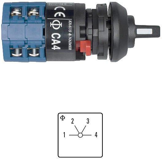 CG4.A231.FS2, Stufenschalter, 4 Stufen, 1-2-3-4, 60Grad, 1-polig, 10 A, Fronteinbau, ZentralBef., Frontschild 30x30, IP 66,