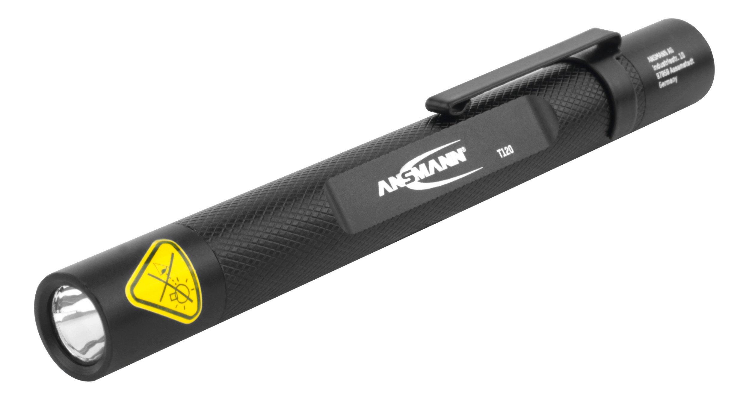1600-0160/ Future T120, Professionelle Aluminium-Stiftleuchte mit hocheffizientem Reflektorsystem, inkl. 2× ANSMANN Alkaline Micro AAA Batterien und abnehmbarem Clip