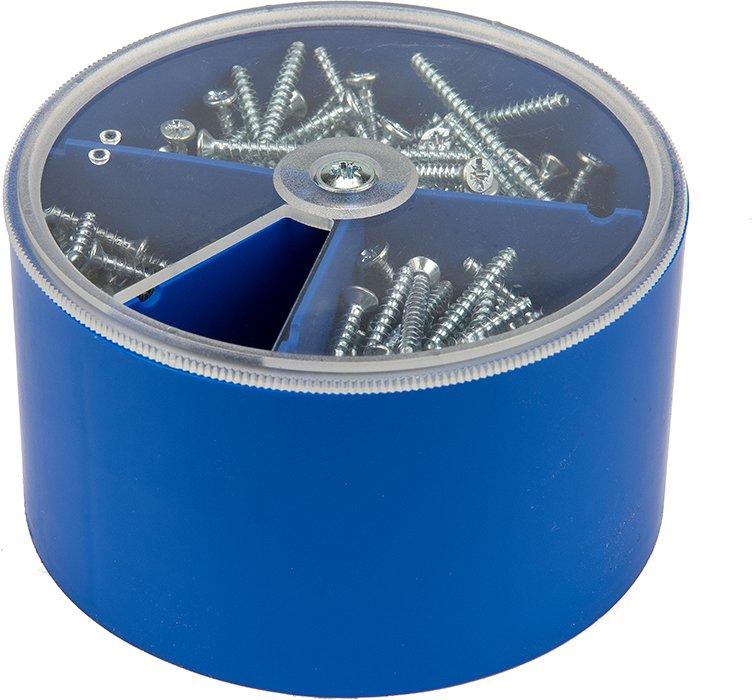 NGSUNISET.01, Kombi Geräteschrauben PZ1 / Schlitz (+/-) in der Schraubenbox (blau) gefüllt mit  je 100 Stück 15,25 und 40 mm (Preis 100 Boxen / Abgabe ab 1 Stück)