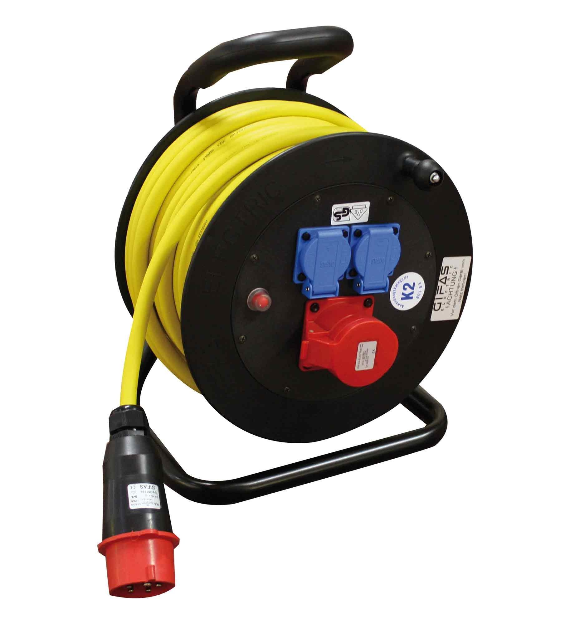 502RB30525/102/16+, GIFAS Vollgummi-Leitungsroller Typ 502mit einem verzinktem Stahlrohrgestell in schwarz Eingang: 30 m GIFAS-PROFLEXX-07 Leitung 5 x 2,5 qmm    mit CEE-