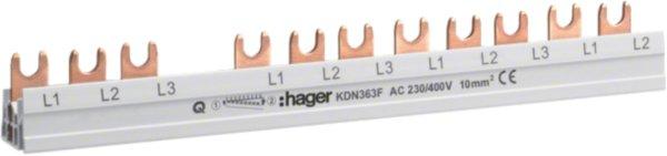 KDN363F, Phasenschiene / Kammschiene, 3-polig, mit Gabelanschluss, 10mm², 63A, 12 Module